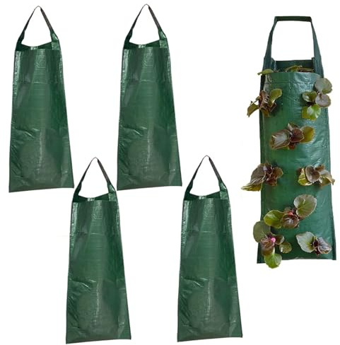 Obelunrp 5Pcs Hanging Grow Bags 10x28 Inch Green Color Breathable PE Hanging Plant Bag with Multiple Hole & Strap for Strawberry, Tomato, Potato, Plant Bag, Grow Bags