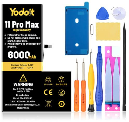 Yodoit Batterie 6000 mAh pour iPhone 11 Pro Max Haute Capacité 0 Cycle pour A2161, A2218, A2220 avec Kit d'outils de Réparation