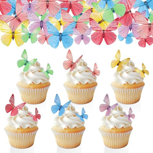 Hanqing 72 Pcs Edible Butterfly Cupcake Toppers, 3D Glutinous Paper Butterflies Cupcake Decorations, Mixed Size Butterfly Cake Toppers Paper for Girls Women's Birthday Party (Colorful)