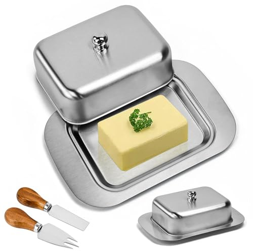 Zuxbolf Mantequillera con Tapa de Acero Inoxidable y 1 Cuchillo para Untar y 1 Tenedor Bandeja para Mantequilla Rectangular de 250 Gramos Recipiente para Guardar Mantequilla en Mesa Nevera