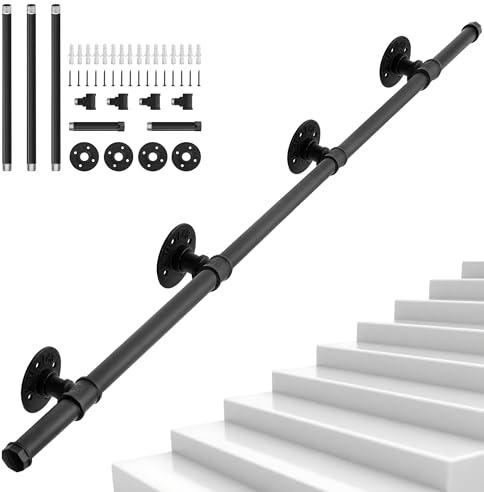 OUUTMEE Corrimano da parete in ferro battuto, nero, diametro 25 mm, adatto per interni ed esterni, ringhiera per scale, con supporto a parete e tappi terminali