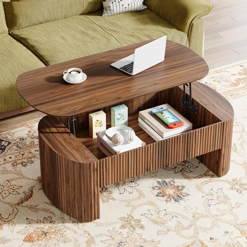 Tribesigns 47-Inch Oval Lift Top Coffee Table with Storage Shelf for Living Room, Rustic Lift Up Tabletop Mid Century Center Tables with Hidden Compartment, Rustic Brown