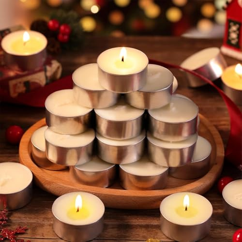 LETINE Tealight Candles | 50 Pack - 6 Hour Long Burning Natural Vegan Tea Lights, Paraffin-Free, Unscented Tealights for Christmas Party, Home, Wedding, Emergency