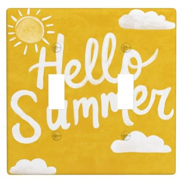 Hello Summer On Yellow with Sun Clouds - Placa de luz de doble banda para interruptor de pared, tamaño estándar, 11,4 x 11,4 cm