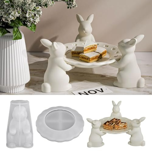 Skeadex Silikonformen Gießformen Ostern Hase, 2 Stück 3D Silikonform Hase mit Platte Silikonform Ostern Gipsformen Zum Gießen Gießformen Silikon Ostern Gießform Kaninchen Frühling für DIY (A)