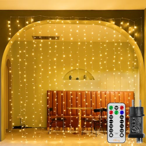 Ollny 3x2m 200 LED Lichtervorhang Innen mit Stecker 8 Modi Timer Dimmbar | Lichterkette Vorhang mit Fernbedienung, IP44 Wasserdicht, Warmweiß, für Außen Ramadan Deko Hochzeit Party Wand Balkon