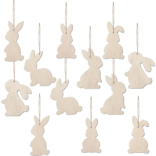 12 Stücke Osteranhänger Hase, Osterdeko, Oster Geschenk, Osterhase Hängende Deko für Ostern Holzdeko Hängende Ornament Geschenk Anhänger Zuhause Osterstrauch schmücken zum Aufhängen an Haustür Wand