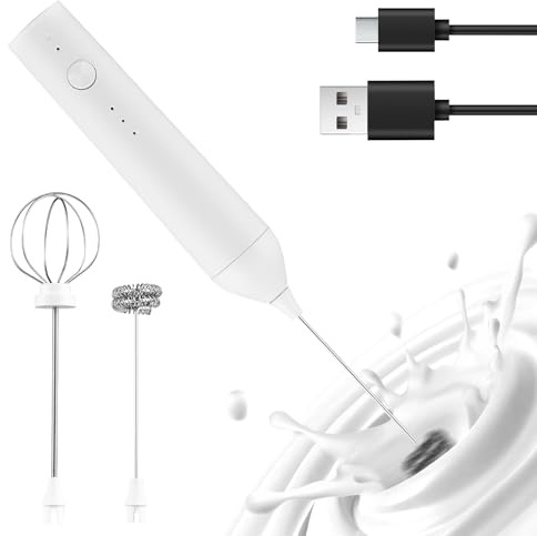 RASTKY Espumador de Leche Recargable, Máquina de Espuma Eléctrica, Potencia Fuerte, Batidor Estable Ajustable de 3 Velocidades para café, Crema, Clara de Huevo con 2 Cabezales de Acero Inoxidable