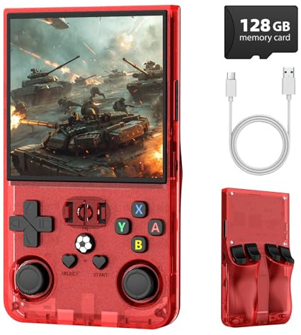 R36MAX Console de jeu portable rétro, écran IPS de 4,0, système Linux, batterie 4000 mAh, mini arcade portable, 128 Go intégrée (rouge)