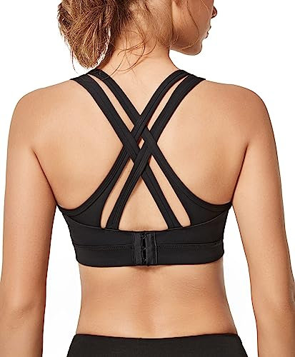 Yvette Sport BH Starker Halt Gepolstert Gekreuzt Rücken Große Brüste Lauf Fitness Yoga Bra,Schwarz,M