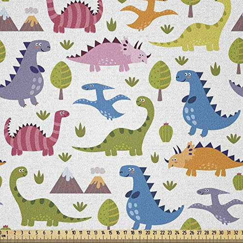 ABAKUHAUS Dino Microfaser Stoff als Meterware, Dinosaurier Bunte, Deko Basteln Polsterstoff Textilien, 2M (230x200cm), Grün Rosa