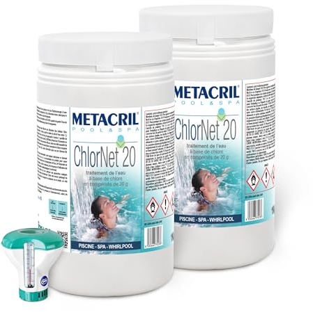 Chlor Net 20 (2 kg) + Dosificador Flotante con termómetro. Metacril Cloro Pastillas de Piscina de 20 g para Piscina e hidromasaje