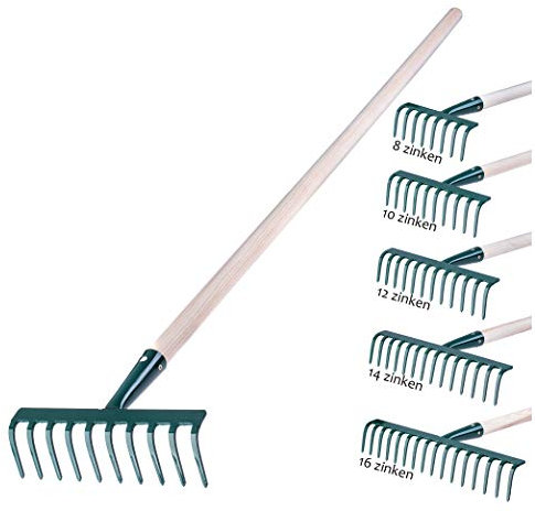 KADAX Rechen aus Metall, Flache Harke mit Stiel aus Holz, Laubbesen für Garten, Beet, Laubrechen, Rasenrechen, grün, Gartengerät, Heurechen, Gartenwerkzeug, Gartenharke (10 Zinken)
