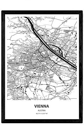 Nacnic Poster Mappa di Vienna - Austria. Fogli Città in Europa con Mari e fiumi, in Colore Nero. Formato A3