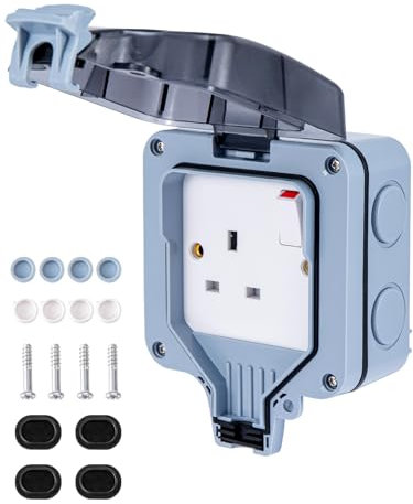 Trintion Outdoor Socket 13A 1 Gang Single Exterior Switched Socket IP66 Rated Waterproof Plug Socket Weatherproof Outdoor Switched Power Socket with Cover for Outside Garages Parks Gardens
