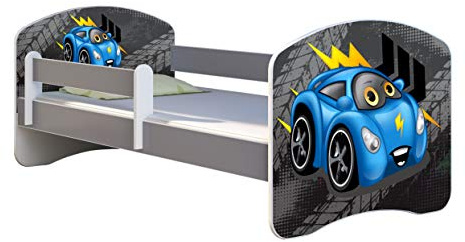 ACMA Kinderbett Jugendbett mit Einer Schublade und Matratze Grau mit Rausfallschutz Lattenrost II (04 Blaue Auto, 180x80)