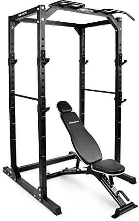 MSPORTS Power Rack Premium Cage H/B/T - 215/120/140 cm, stazione di allenamento fino a 200 kg (Power Rack + panca per manubri)