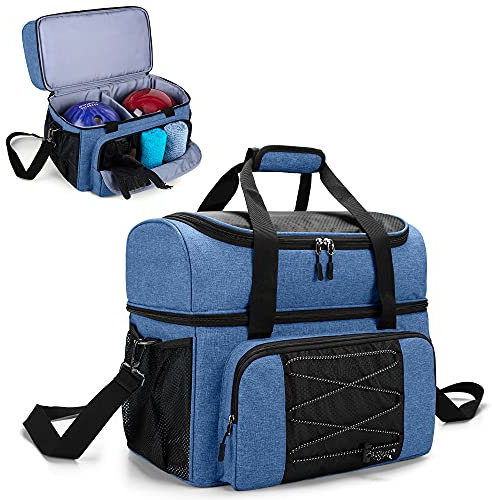 DSLEAF Bowlingtasche für 2 Bälle, Bowlingtasche mit hölzernen Bowlingbechern und gepolsterter Trennwand für Doppelball und ein Paar Bowlingschuhe bis zu Herren 16 und extra Essentials (patentiertes