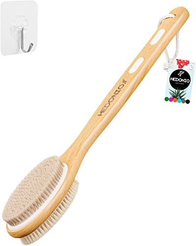 Hedonic Body Brush with Natural Soft & Stiff Bristles - Long Handle Back Scrubber for Shower & Bath Use for Dry Brushing Exfoliating Washing Lymphatic Drainage Dry Skin Cellulite Scrub Massage Bathing