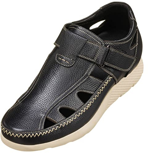 CALTO Men's Invisible Height Increasing Elevator Shoes - Black Premium Leather Lightweight Fisherman Sandals - 2.8 Inches Taller - K2132 - Size 9 D(M) US