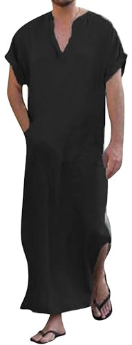 YAOHUOLE Herren Thobe V-Ausschnitt Thobe Herren Lose Solid Kurzarm mit Taschen für HerbstSchwarz M