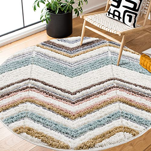 payé Teppich Rund - Hochflor - 160x160cm - Boho - Geometrisch Zick Zack - Muster -Pastellfarben Multi - Skandinavisch Flauschig Weich - Wohnteppich Schlafzimmer Dekoration