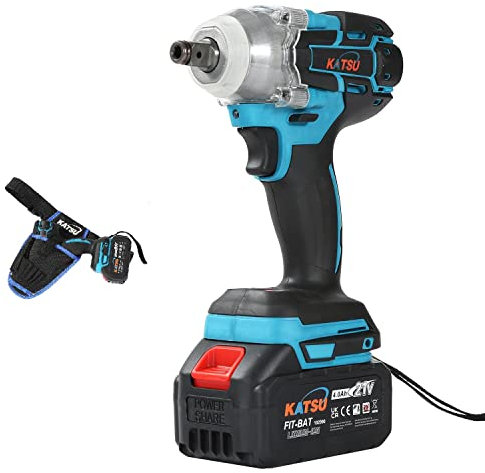 KATSU FIT-BAT 21V Clé à Chocs sans Fil Brushless avec 4.0Ah Batterie, 1/2 400Nm Clé à Chocs Électrique Cordless, avec 2 Adaptateurs, 0-3500IPM 102488