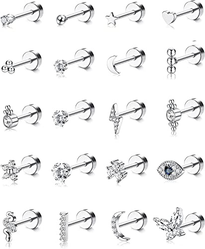 Adramata örhängen, 20 st., unisex, kirurgiskt rostfritt stål, 0,8 mm (20 G), små broskörhängen, liten orm, fjäril, hjärta, öga, blomma, örhängen med platt baksida, Rostfritt stål