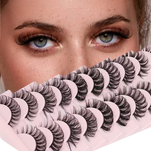 False Eyelash Russian Strip D Curl 3D Fake Natural Wispy Fluffy Volume Strip Lashes 16MM Faux Mink Handmade 10 Pairs Pack (5 Styles Mix)