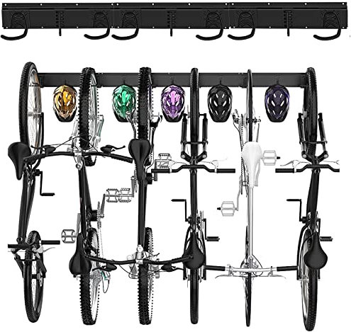 Poweka Bike Wall Rack, 48 Inch Heavy Duty 6 Bicycles Bike Wall Mount Garage Storage Organizer & 5 Helmet Hooks, Overall Hold Up to 650 LBS, Adjustable Indoor Bike Hanger Holder for Space Saving