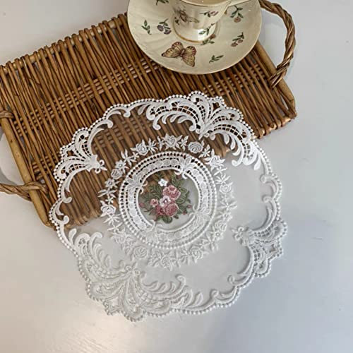 2Pcs Tischsets mit französischer Spitze, Exquisite Blumenstickerei Platzsets, Runde Deckchen Untersetzer Vasenmatte für Heimdekoration (weiß, Durchmesser 28 cm)
