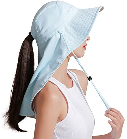 CLAPE Breite Krempe Sonnenhut Damen Sonnenkappe mit Nackenschutz Faltbar | UV Schutz,Sommer Sun Hat mit Kinnband,Outdoor Fischerhut für Pferdeschwanz,Wandern,Garten,Reisen,Camping