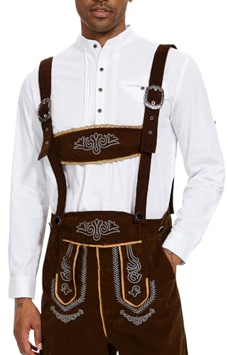 YAOHUOLE Herren Baumwolle Leinenhemd Langarm Trachtenhemd Oktoberfest Hemd Weiß XL