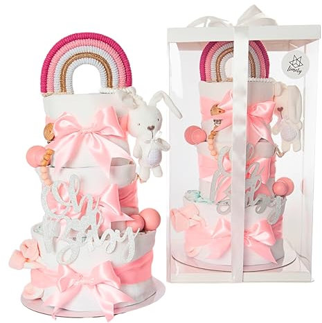 XXL Handgemachte Windeltorte Mädchen mit Geschenkverpackung, Kuscheltier, Bio Mulltücher, Grußkarte, Söckchen, Pampers Windel, Baby Geschenk, Geburtsgeschenk Mädchen, Babyparty (Rosa)