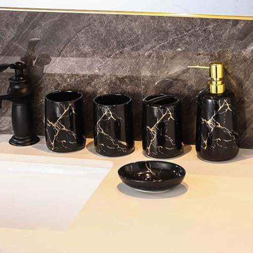 Chaoyilian Keramik Badezimmer Zubehör Set,Keramik Bad Zubehör Set,Badezimmer Set,Badezimmer Set Keramik,Badezimmer Zubehör Set,Bad Organizer und Deko,Mit Seifenspender,Becher,Seifenschale