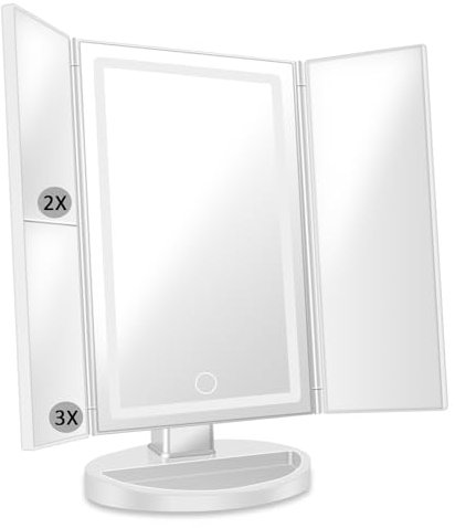 Amlope Specchio per Il Trucco con Luci 1x/2x/3x Trifold Specchio da Tavolo con 22 LEDs Specchio con Luci Ruota di 180° USB e Ricarica Della Batteria (Bianco)