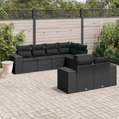 Rantry 7-TLG. Garten Sofagarnitur mit Kissen Gartensofa mit Stauraum Gartenlounge Balkonmöbel Gartenmöbel Loungesofa Rattansofa Ecksofa Loungemöbel Sitzgruppe Gartenset Schwarz Poly Rattan