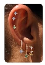 6 Pcs Sterling Silver Post Gold Plated Earrings for Women - Hypoallergenic Ivy Cartilage Earrings for Women Dainty 14K Gold Plated Earring Sets for Multiple Piercing