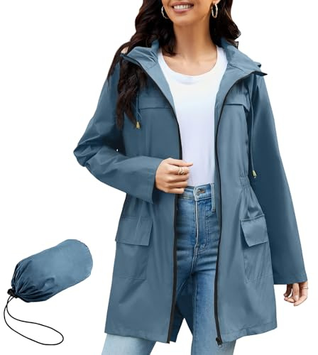 PONCEAU Women Waterproof Jacket - Ladies Lightweight Waterproof Jacket Rain Coats for Women Outdoor Packable Waterproof Jacket with Hood Breathable Functional Windbreaker Raincoat
