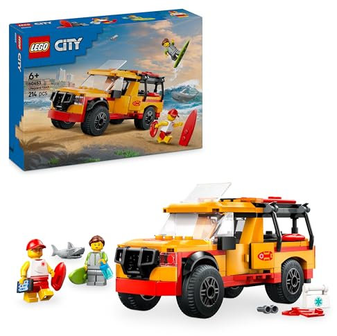 LEGO City Lifeguard Beach Rescue Truck Toy with 2 Minifigures and a Shark Figure - Building Set for 6+ Year Old Boys & Girls - Gifts for Beach-Loving Kids - 60453