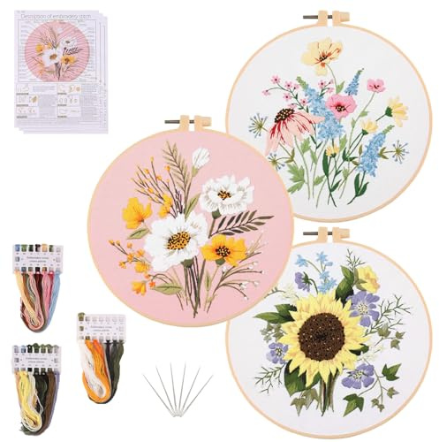 Winmany 3-pack blomsterbroderikit för vuxna nybörjare, korsstygnsset, kit med instruktioner, broderi, tygringar, trådar, starthantverk, set för handgjord älskare (blomma)