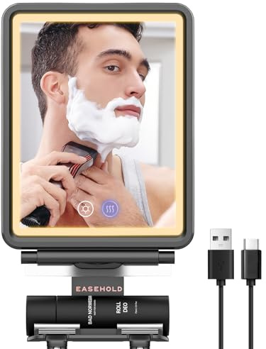 EASEHOLD Heating Fogless Shower Shaving Mirror for, 5000mah Rechargeable Anti Fog Adjustable Mirror with Scraper-Rustproof & Waterproof for Bathroom, 3 Color Lights with Storage Tray, Razor Holder