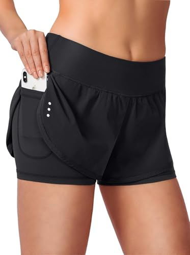 Blooshow Sport Shorts Damen Sommer Sporthose Damen Kurz Hose 2 in 1 Laufshorts Schnelltrocknend Running Gym Training Fitness Yoga Jogging Shorts mit Taschen