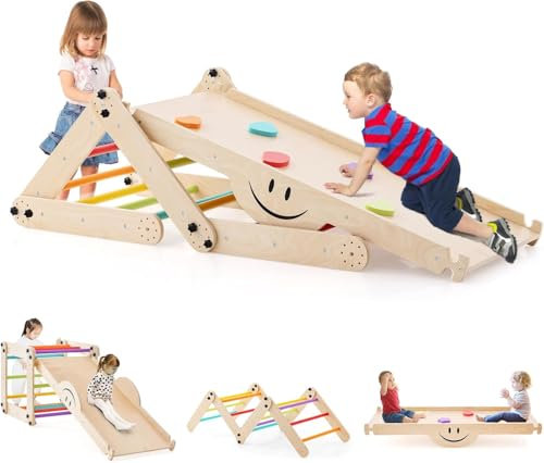 FANTASK Holz Klettergeräte, Indoor Kletterdreieck multifunktionaler mit umkehrbarer Rampe, Wippe, verstellbarem Kletterer für Kinder ab 3 Jahren, Bunt