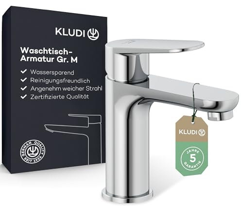 KLUDI-X1 Waschtischarmatur, Auslaufhöhe 95 mm, wassersparender Wasserhahn Bad Größe M, Keramikkartusche, Mischbatterie Waschbecken inkl. Anschlussschläuche in Chrom
