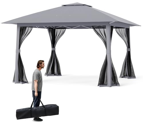 COSTWAY Carpa Plegable 3,94 x 3,94 m, Pop-up, Pergolas de Jardin con Techo Doble y 4 Paredes Laterales de Malla, Altura Ajustable, Cenadores para Jardin Exterior, Bolsa de Transporte (Gris)