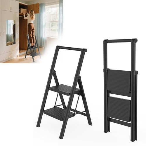 Froadp Trittleiter 2-Stufen-Klappbar rutschfeste Stehleiter mit Handlauf, Tritthocker, Haushaltsleiter für Haus, Küche und Außenbereich, belastbar bis 250 kg