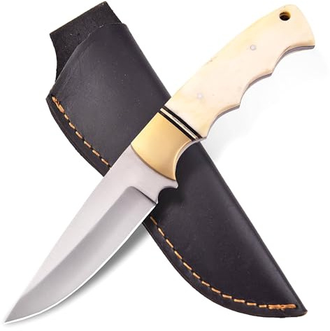 Handgefertigtes Jagd Messer mit Lederscheide zum Häuten, Camping, Outdoor 6213 (Knohen)