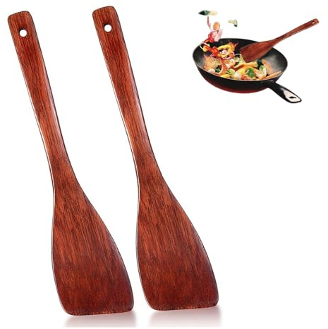 Espátulas de Madera para Cocinar, Utensilios de Cocina Madera con Mango Largo, Espátula Giratoria Antiadherentes Cucharas Utensilios para Protección Contra Arañazos Sartén, Resistentes Calor, 2 Piezas