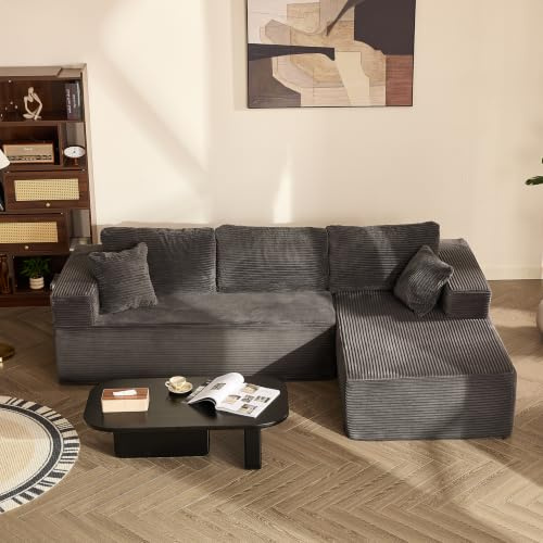 Litbird 272cm L-Shaped Boneless Sofa, Corduroy Fabric, Grey